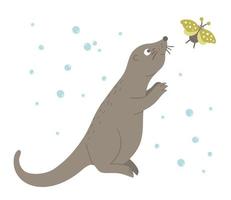 vector hand getekende platte otter die een lieveheersbeestje vangt. grappig bosdier. schattige bos dierlijke illustratie voor kinderen ontwerp, print, briefpapier