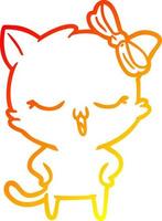 warme gradiënt lijntekening cartoon kat met strik op hoofd en handen op heupen vector
