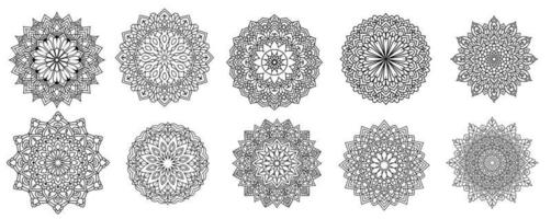 bloemen mandala vector pack van 10, ornament ronde set met een mandala, vintage decoratieve elementen. oosters patroon, vectorillustratie. islam, arabisch, turks, pakistan, chinees, mandalabundel