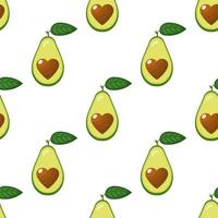 naadloze patroon met verse halve avocado met hart geïsoleerd op een witte achtergrond. zomerfruit voor een gezonde levensstijl. biologisch fruit. cartoon-stijl. vectorillustratie voor elk ontwerp. vector