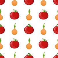 naadloos patroon met verse tomaten en uiengroenten. biologisch voedsel. cartoon-stijl. vectorillustratie voor ontwerp, web, inpakpapier, stof, behang. vector