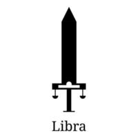 weegschaal zwaard pictogram. silhouet van zodiakaal wapen. een van de 12 dierenriemwapens. vector astrologisch, horoscoop teken. dierenriem symbool. vectorillustratie geïsoleerd op een witte achtergrond.