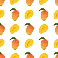 naadloze patroon met verse heldere exotische hele en halve mango geïsoleerd op een witte achtergrond. zomerfruit voor een gezonde levensstijl. biologisch fruit. cartoon-stijl. vectorillustratie voor elk ontwerp. vector