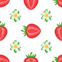 naadloos patroon met verse heldere exotische halve aardbeien met bloemen op witte achtergrond. zomerfruit voor een gezonde levensstijl. biologisch fruit. cartoon-stijl. vectorillustratie voor elk ontwerp. vector