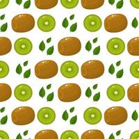 naadloze patroon met verse hele en halve kiwi's en bladeren op een witte achtergrond. zomerfruit voor een gezonde levensstijl. biologisch fruit. cartoon-stijl. vectorillustratie voor elk ontwerp. vector