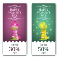 kortingsbanners voor dames met roze en gele tulpen in vaas. boeket van kleurrijke tulpen. vectorillustratie voor uw ontwerp.