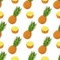 naadloos patroon met vers geheel en half ananasfruit met bladeren op witte achtergrond. zomerfruit voor een gezonde levensstijl. biologisch fruit. cartoon-stijl. vectorillustratie voor elk ontwerp. vector