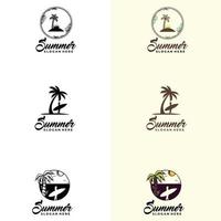 strand logo. meisje gaat naar de zee. palm of kokosnoot logo set. zonsondergang in het concept van het eilandembleem. vector