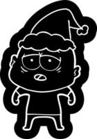 cartoon icoon van een vermoeide kale man met kerstmuts vector