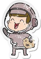 noodlijdende sticker van een happy cartoon-astronaut vector