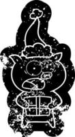 cartoon noodlijdende icoon van een varken met kerstcadeau met kerstmuts vector