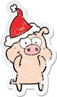 vrolijke, verontruste stickercartoon van een varken met een kerstmuts vector
