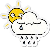 verontruste sticker van een schattige cartoon zonneschijn en regenwolk vector