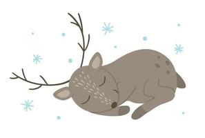 vector hand getekend plat slapende herten met sneeuwvlokken. grappig winters tafereel met bosdier. schattige bos dierlijke illustratie om af te drukken, briefpapier