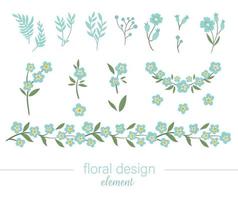 vector blauwe bloemen illustraties set. platte trendy illustratie met bloemen, bladeren, takken. weide, bos, bos tuinelementen geïsoleerd op een witte achtergrond. met de hand getekend vergeet-mij-nietje