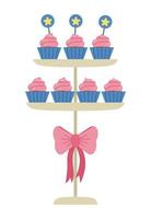 vector verjaardagsdesserts op gelaagde standaard met strik. leuke grappige viering cupcakes illustratie voor kaart, poster, print design. helder vakantieconcept voor kinderen met muffins.