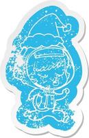 cartoon verontruste sticker van een mooi astronautenmeisje dat rent met een kerstmuts vector