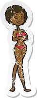 retro noodlijdende sticker van een cartoon retro vrouw in bikini vector
