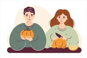 vrouw en man zitten en snijden pompoenen. gezellige herfst vectorillustratie voor happy thanksgiving of halloween. oogst boerderij karakter meisje met landbouw groenten. geïsoleerd vector