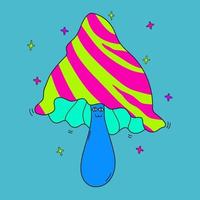grappige psychedelische zuur gelekte paddenstoel op blauwe achtergrond. vector