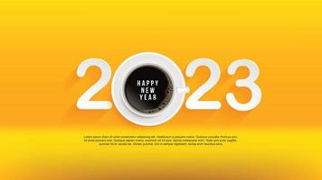 gelukkig nieuwjaar 2023 geniet van een goede tijd met je favoriete kopje koffie. op gele achtergrond. koffie poster advertentie flyers vector illustratie