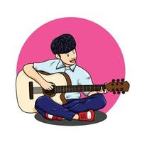 een jongen die gitaar speelt in vectorillustratieontwerp vector