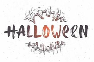 halloween vector hand getekende illustratie. kaken van een monster en groet geschreven door een penseel