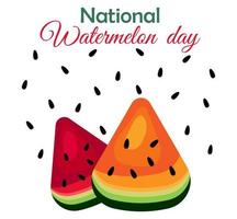 nationale watermeloendag. watermeloen vakantie. wereld watermeloen dag. sappige, heerlijke gele en rode watermeloen met zaden op een witte achtergrond vector