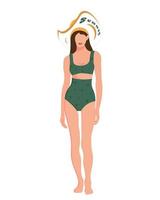 zomer. een zonnig meisje met een hoed loopt in een groen zwempak met gele sterren vector