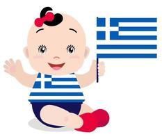 lachende baby peuter, meisje met een vlag van griekenland geïsoleerd op een witte achtergrond. vector cartoon mascotte. vakantieillustratie op de dag van het land, onafhankelijkheidsdag, vlagdag.