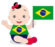 lachende baby peuter, meisje met een vlag van Brazilië geïsoleerd op een witte achtergrond. vector cartoon mascotte. vakantieillustratie op de dag van het land, onafhankelijkheidsdag, vlagdag.
