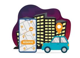 eenvoudige auto delen illustratie met grote smartphone met gratis auto zoek- en reserveringskaart en roze auto in vlakke stijl op nacht stad wolkenkrabbers achtergrond vector