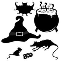 heksenhoed, heksenketel, vleermuis, rat, muis. halloween-elementontwerp. vector