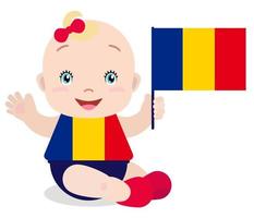 lachende baby peuter, meisje met een vlag van Roemenië geïsoleerd op een witte achtergrond. vector cartoon mascotte. vakantieillustratie op de dag van het land, onafhankelijkheidsdag, vlagdag.