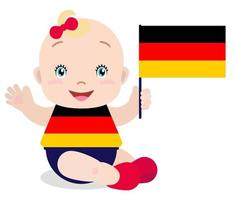 lachende baby peuter, meisje met een vlag van Duitsland geïsoleerd op een witte achtergrond. vector cartoon mascotte. vakantieillustratie op de dag van het land, onafhankelijkheidsdag, vlagdag.