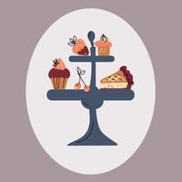 afternoon tea stand set met gebak, koffiehuis iconen van desserts. vector