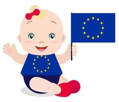 lachende baby peuter, meisje met een vlag van de Europese Unie geïsoleerd op een witte achtergrond. vector cartoon mascotte. vakantieillustratie op de dag van het land, onafhankelijkheidsdag, vlagdag.