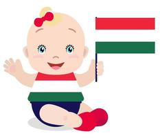 lachende baby peuter, meisje met een vlag van Hongarije geïsoleerd op een witte achtergrond. vector cartoon mascotte. vakantieillustratie op de dag van het land, onafhankelijkheidsdag, vlagdag.