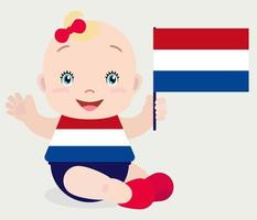 lachende baby peuter, meisje met een vlag van nederland geïsoleerd op een witte achtergrond. vector cartoon mascotte. vakantieillustratie op de dag van het land, onafhankelijkheidsdag, vlagdag.