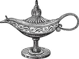 olielamp. ijzeren lamp geïsoleerd pictogram met decoratie. genie lamp Arabisch ontwerp. pictogram silhouet. vector oude objecten