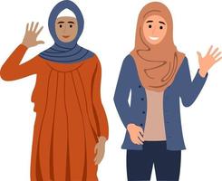 lachende meisjes in hijabs. moslim vrouwen. schattige platte Arabische meisjes in traditionele kleding en vrijetijdskleding. zakelijke vrouwen collectie vector