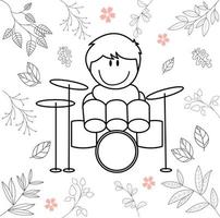 cartoonillustratie van kleine jongen die plezier heeft met drummen vector