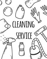 schoonmaakdienst. huis schoonmaken. vectorillustratie. doodle stijl. schoonmaakservice folder. stofzuiger, spray en bellen. vector