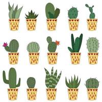 zet schattige doodle cactussen in gele potten. vectorillustratie met schattige kamerplanten. set van 15 planten vector