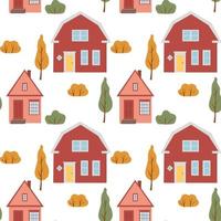 naadloos patroon met schattige huizen. herfstbomen en huizen herfstpatroon vector
