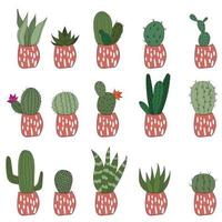 zet schattige doodle cactussen in roze potten. vectorillustratie met schattige kamerplanten. set van 15 planten vector