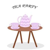 set theepot theepot en kopjes paarse bloemen op de table.tea party vectorillustratie vector