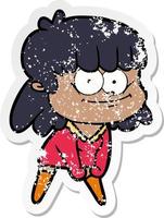 verontruste sticker van een cartoon lachende vrouw vector