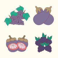 paarse fruitset van bramen, druif, aubergine, platte ontwerpillustratie vector