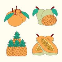 oranje fruitset van ananas, sinaasappel, mango en papaya platte ontwerpillustratie vector